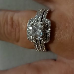 Trio Sterling Silver 925 ring set. princess Cz cut with 2 pave cz fitted rings.